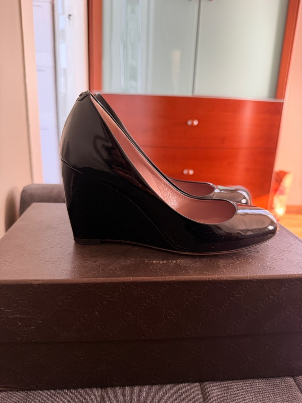 Gucci Black Patent Leather Wedge Pumps - Women's